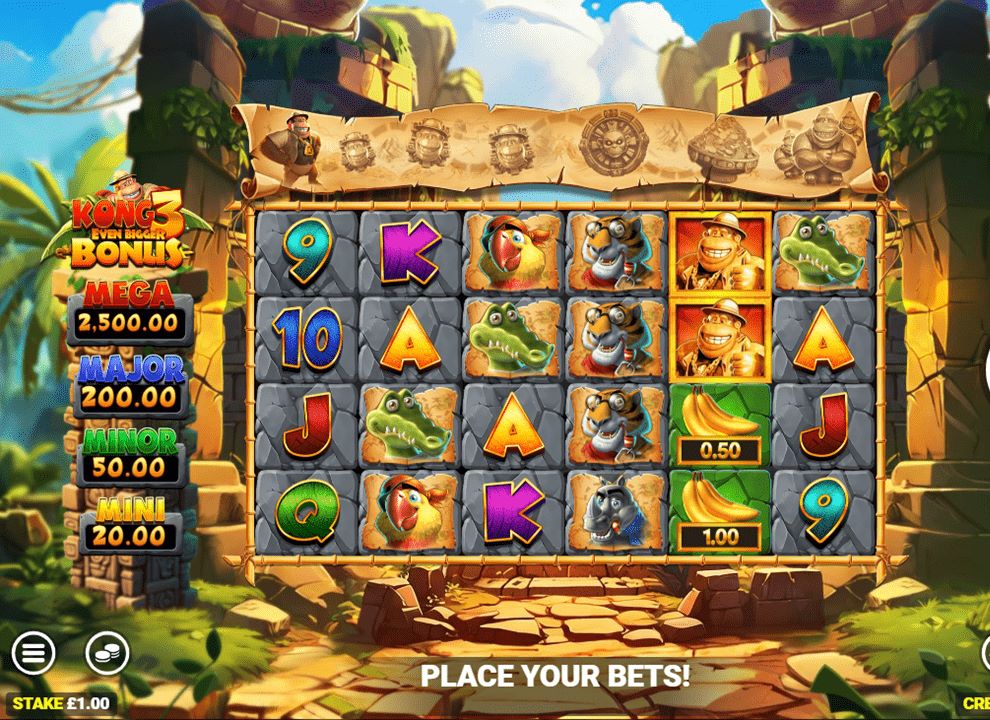 Screenshot of the online slot game Kong 3 Even Bigger Bonus by Blueprint Gaming, available to play at the best UK casino sites.