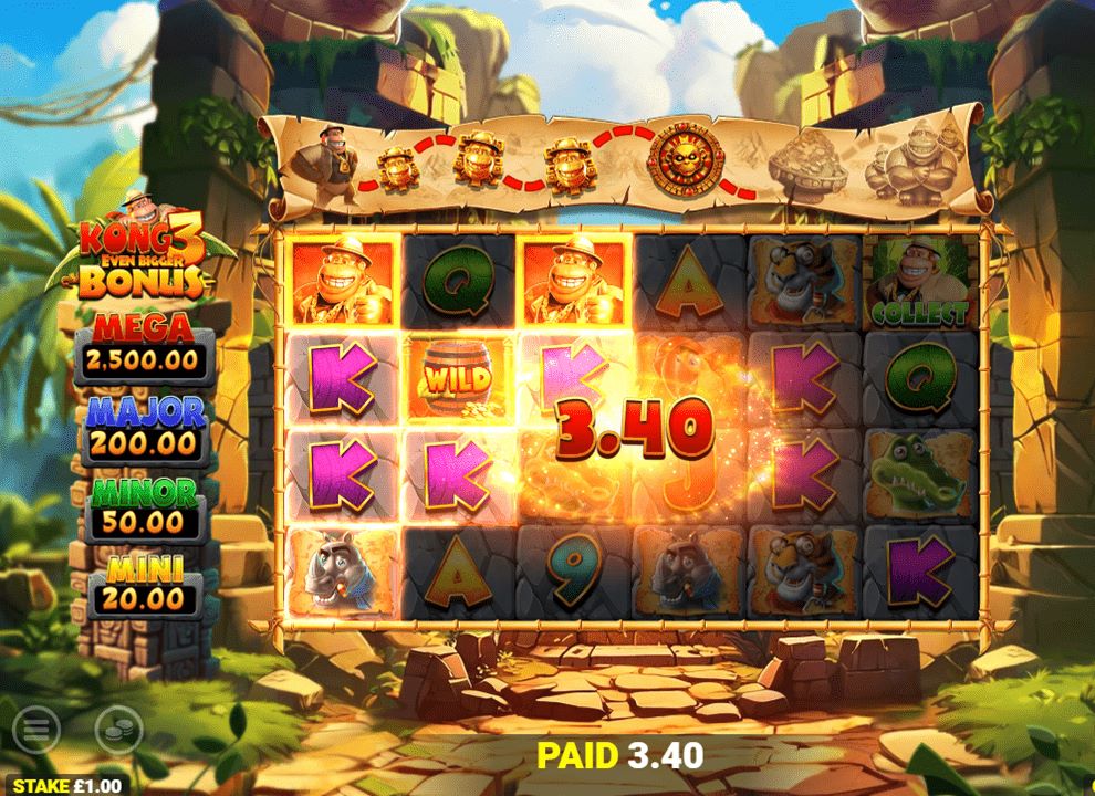 Screenshot of a win on the online slot game Kong 3 Even Bigger Bonus by Blueprint Gaming, available to play at the best UK casino sites.