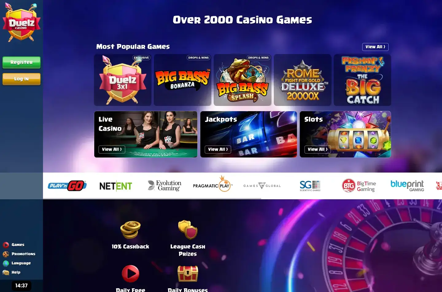 Interface of a modern casino app showing game selection and login fields