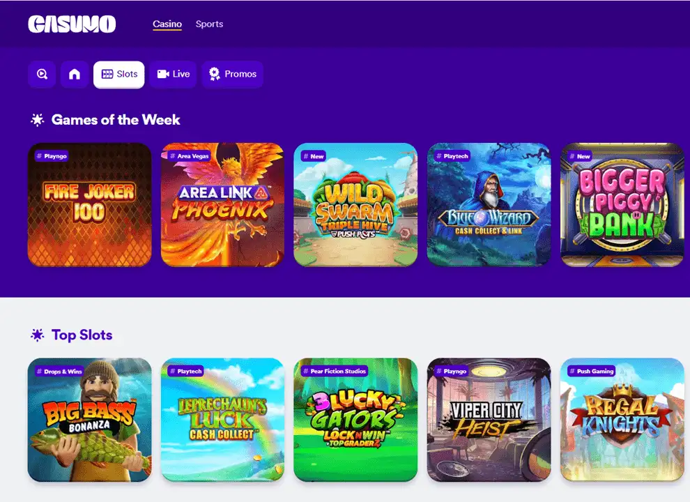 Screenshot of the Casumo homepage, featuring Games of the Week and popular slots at the UK online casino.