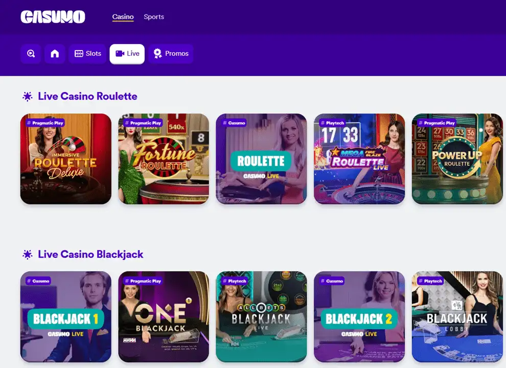 Screenshot of Casumo, featuring live roulette and live blackjack games at the UK online casino.