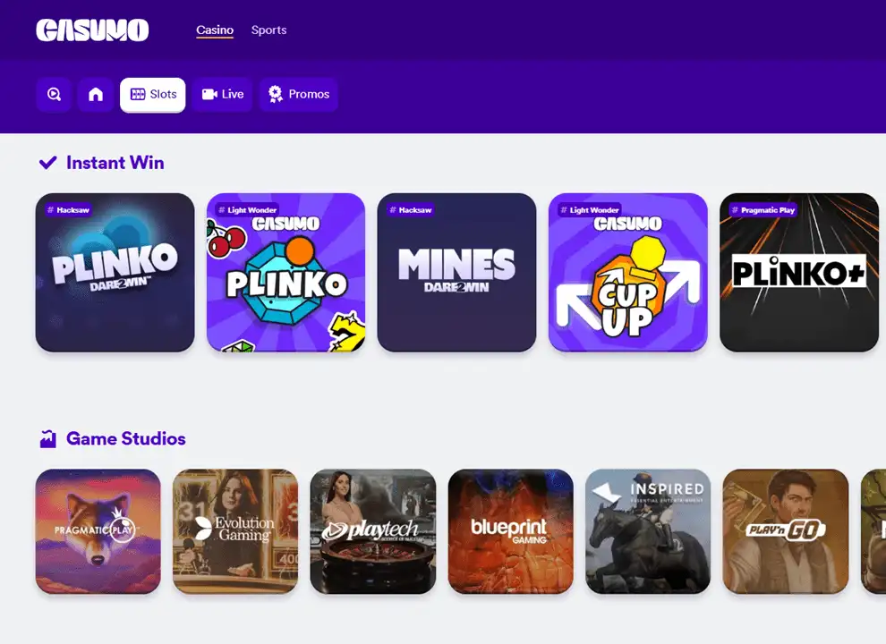 Screenshot of Casumo, showing instant win games and software providers at the UK online casino.