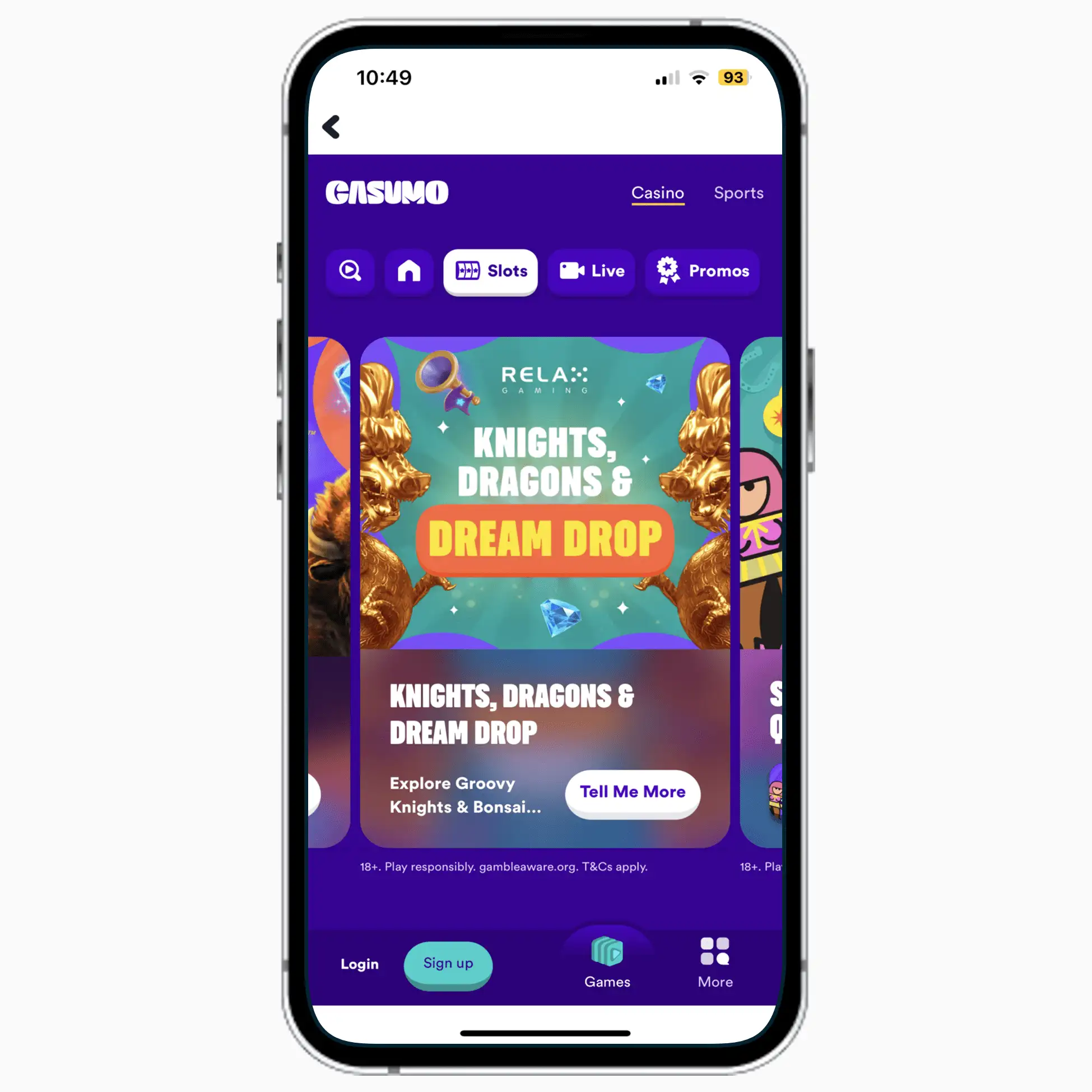 Casumo mobile app on iPhone, featuring popular slots at the UK online casino.