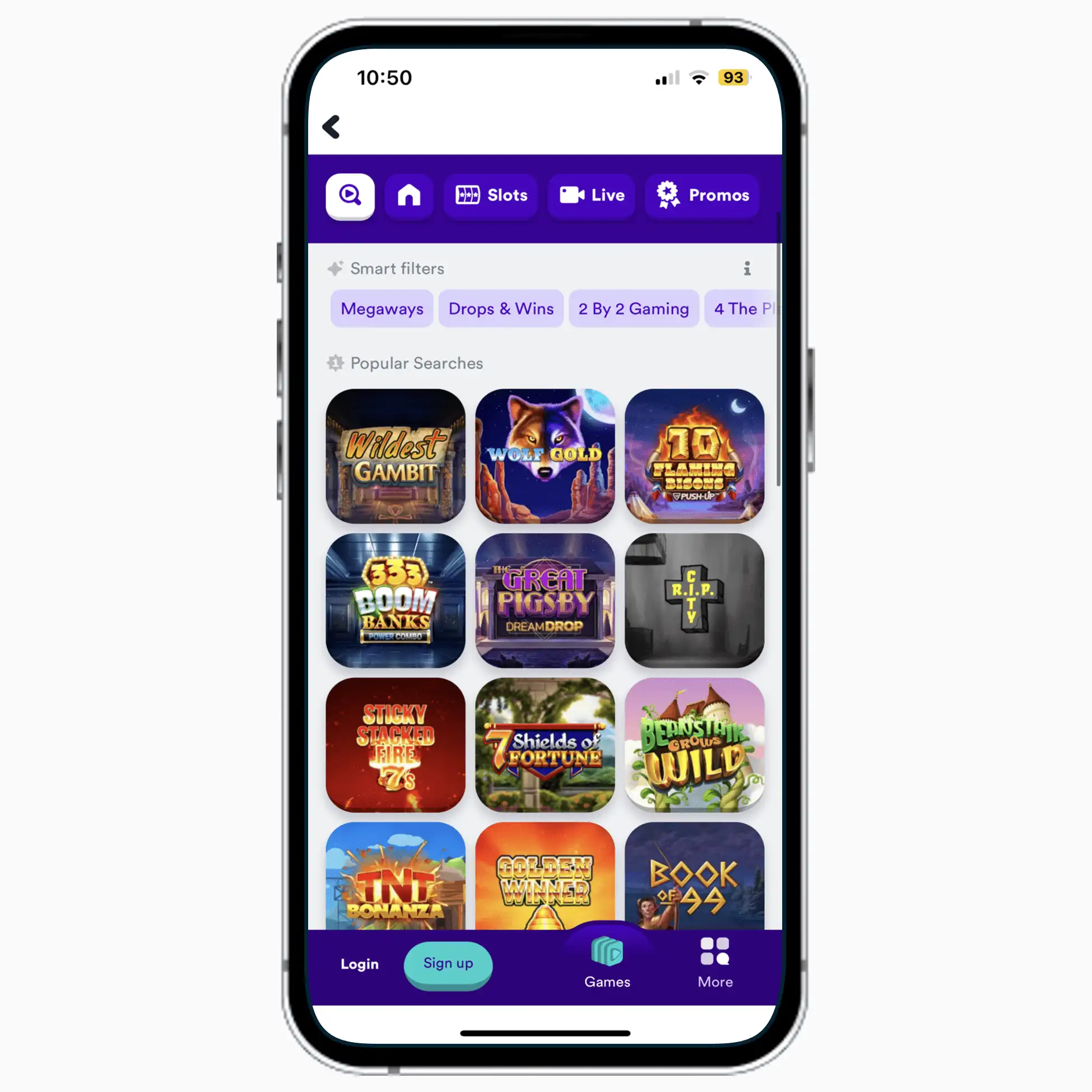 Casumo mobile app on iPhone, featuring a list of games and search tools available to UK players.