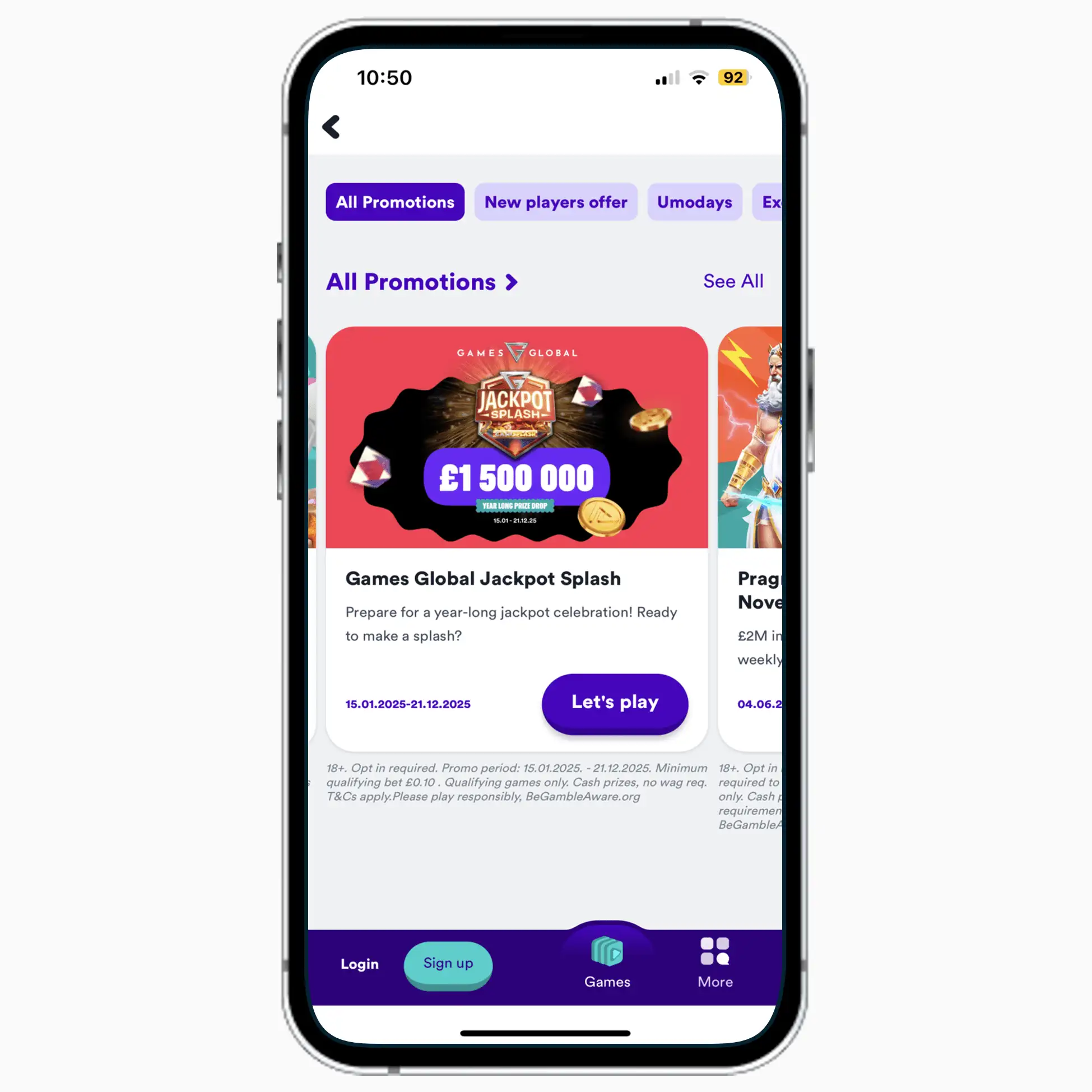 Casumo mobile app on iPhone, featuring information on the current bonuses and promotions you can claim.