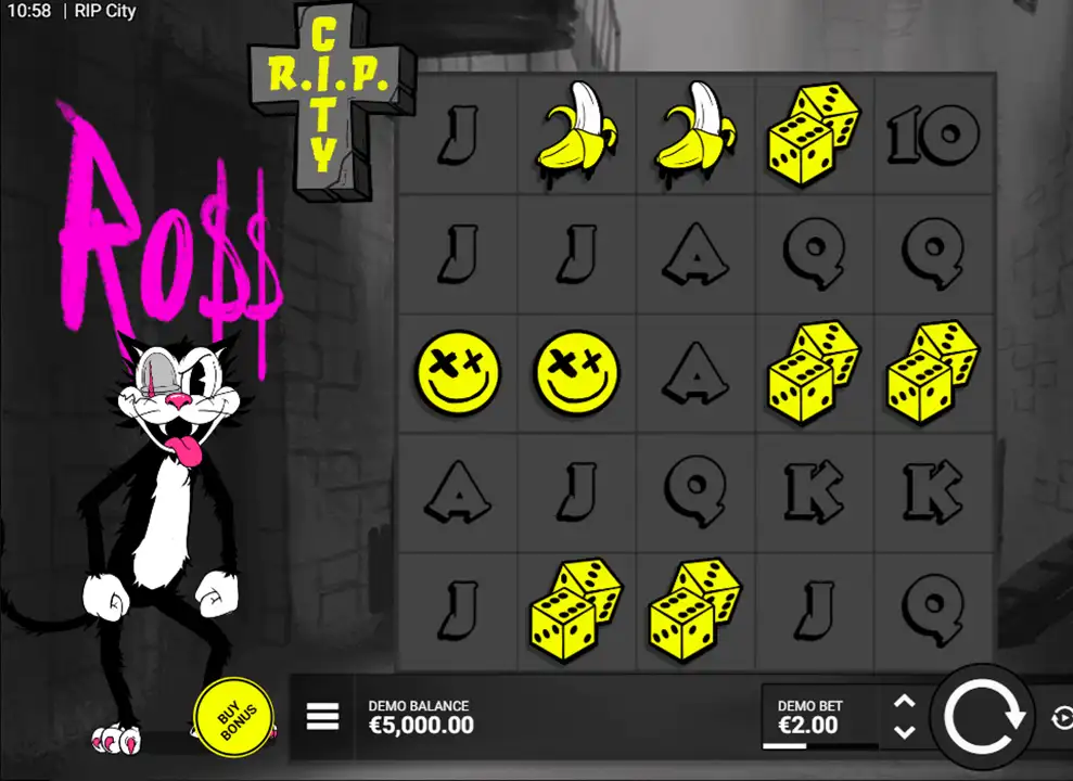 Screenshot of the online slot game RIP City by Hacksaw Gaming, being played at Casumo.