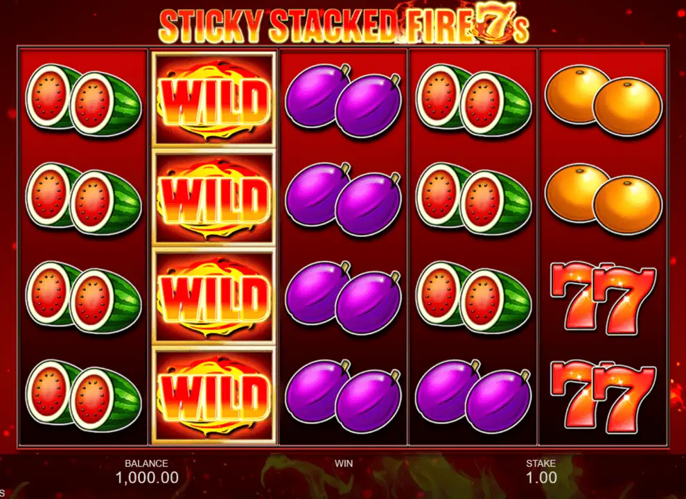 Screenshot of the online slot game Sticky Stacked Fire 7s produced by Inspired Gaming, being played at Casumo.