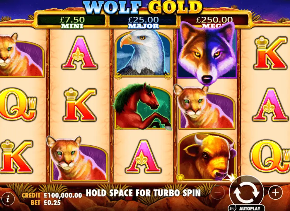 Screenshot of the online slot game Wolf Gold by Pragmatic Play, being played for real money at Casumo.