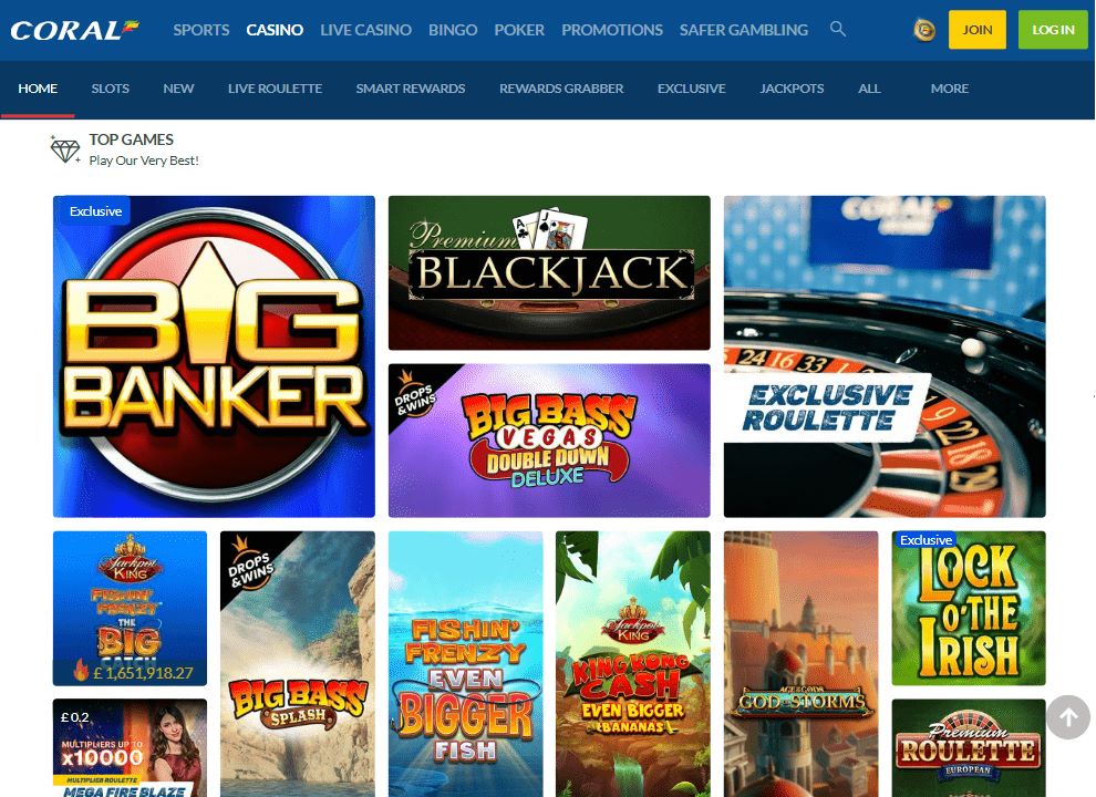Screenshot of the Coral Casino Top Games selection, featuring online slots, table games and live dealer games.