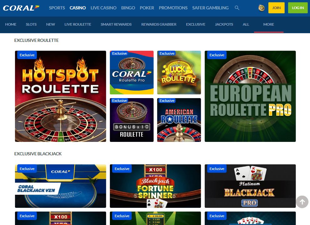 Screenshot of the Coral Casino table games page, showing exclusive roulette and blackjack games.