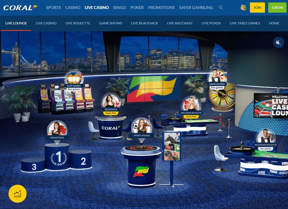 Screenshot of the Coral Live Casino live lounge, showing a casino floor graphic with links to live dealer games.