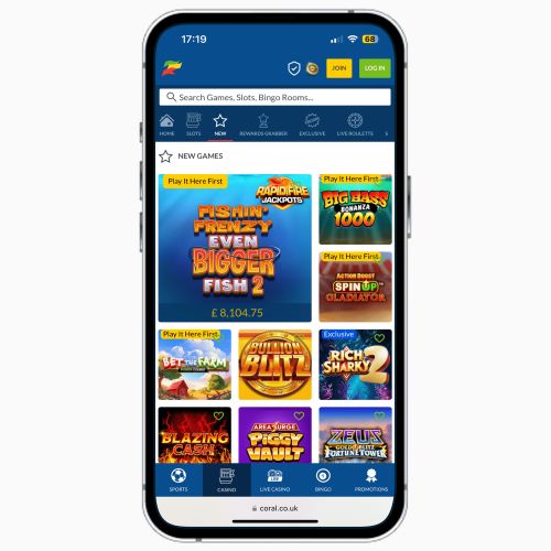 Coral Casino mobile site on iPhone, featuring a list of new online slots available to UK players