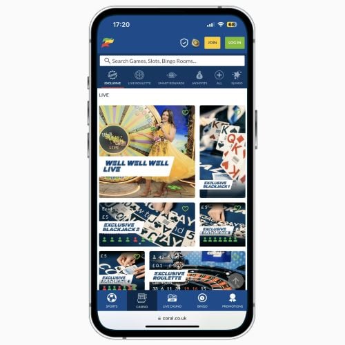 Coral Casino mobile site on iPhone, featuring live blackjack, live roulette and live game shows available to UK players