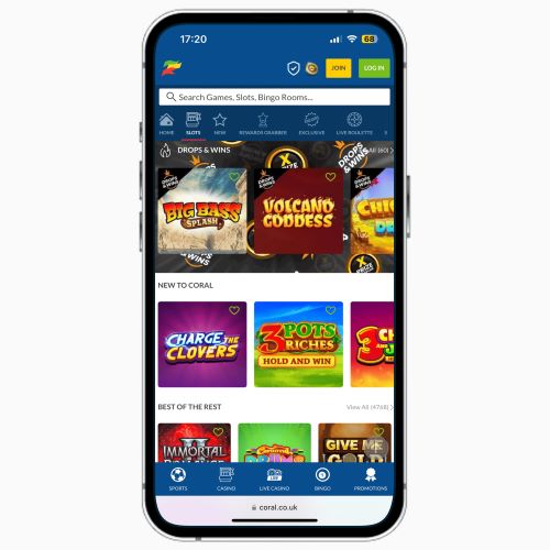 Coral Casino mobile site on iPhone, featuring slots that are taking part in the Drops & Wins promotion