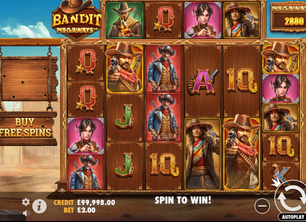 Screenshot of the online slot game Bandit Megaways produced by Pragmatic Play, being played at Grand Ivy online casino.