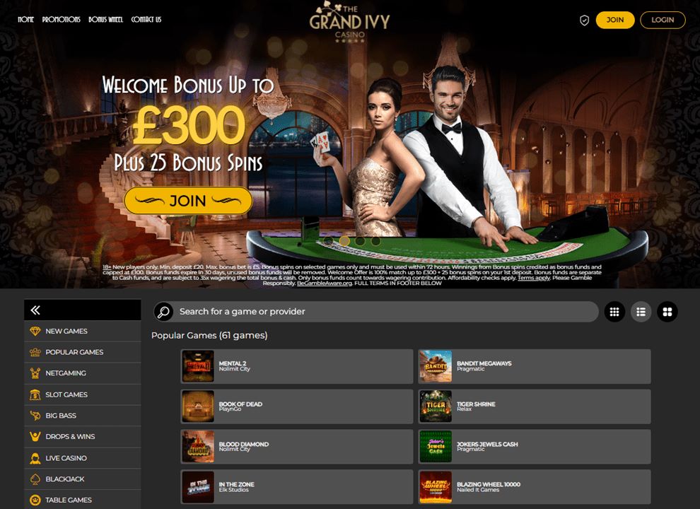 Screenshot of the Grand Ivy homepage, featuring popular games, £300 welcome bonus and navigation menu.