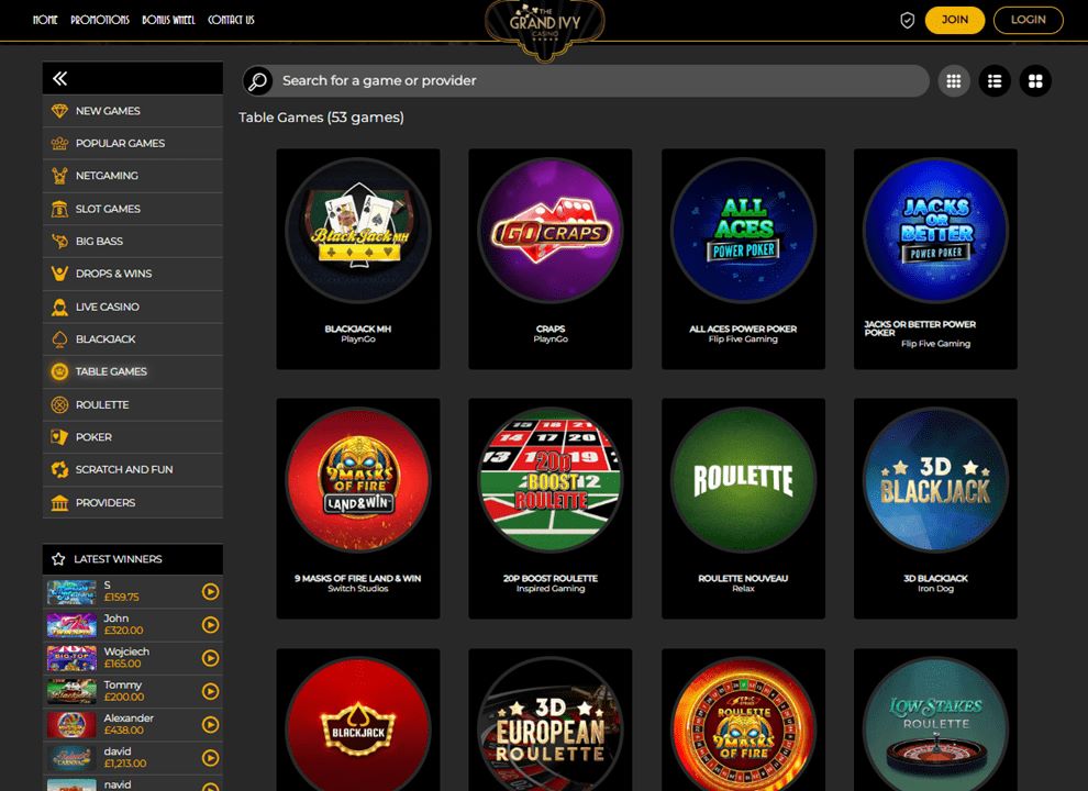 Screenshot of the Grand Ivy online casino, showing roulette and blackjack table games at the casino.
