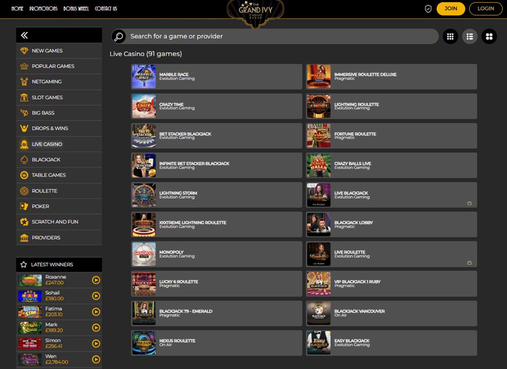 Screenshot of the Grand Ivy online casino, featuring a list of live dealer games at the casino.