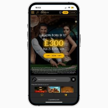 Grand Ivy casino mobile site on iPhone, featuring information on the £300 welcome bonus for new players