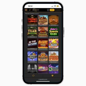 Grand Ivy casino mobile site on iPhone, featuring a list of the most popular online slots available to UK players