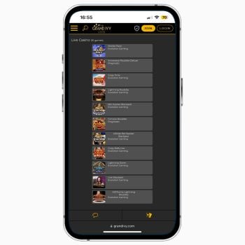Grand Ivy casino mobile site on iPhone, showing a list of the live dealer games available at the casino