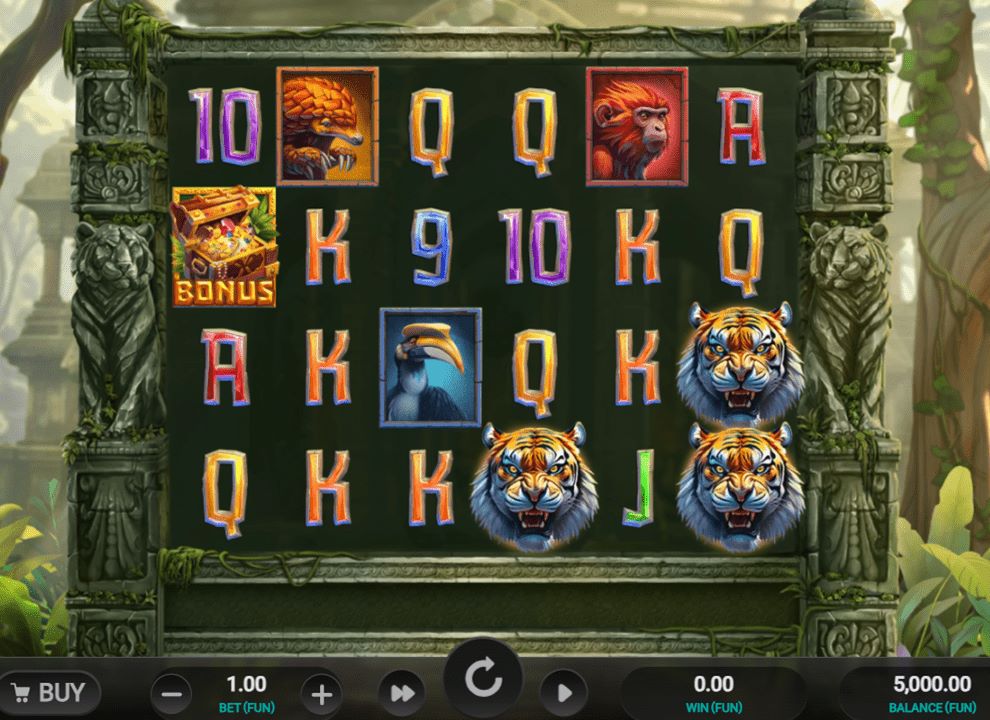 Screenshot of the online slot game Tiger Shrine produced by Relax Gaming, being played at Grand Ivy online casino.