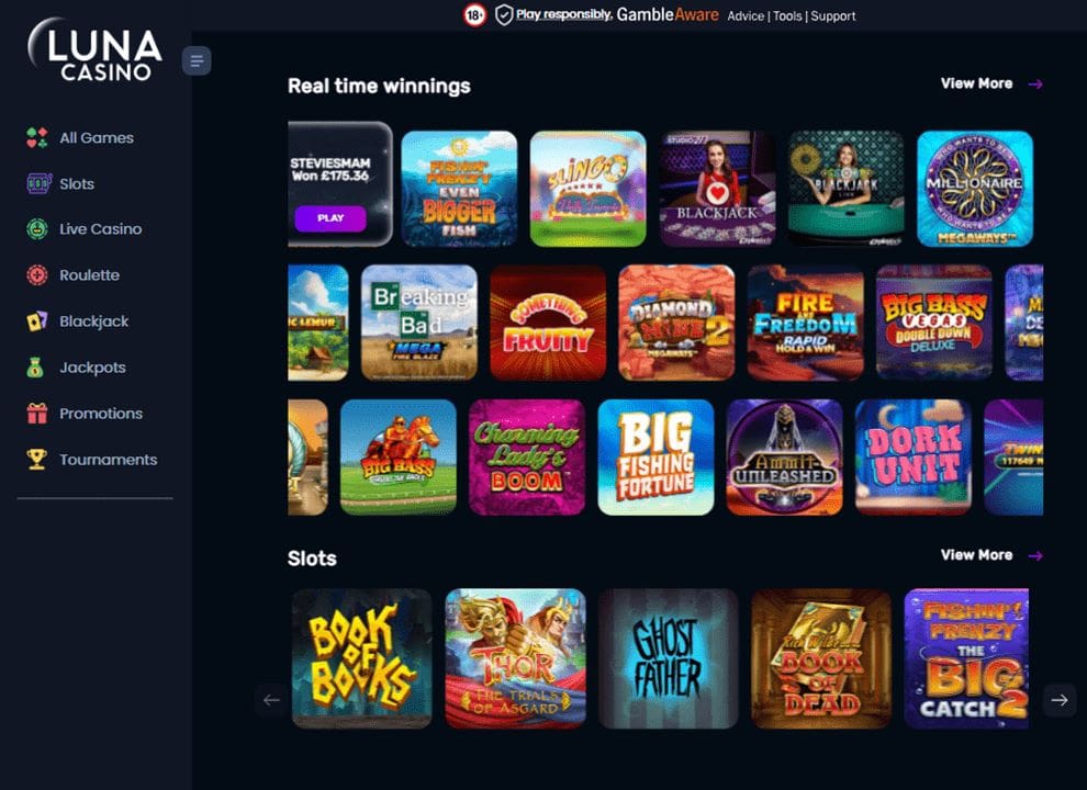 Screenshot of Luna Casino, highlighting online slots and popular games available to play.