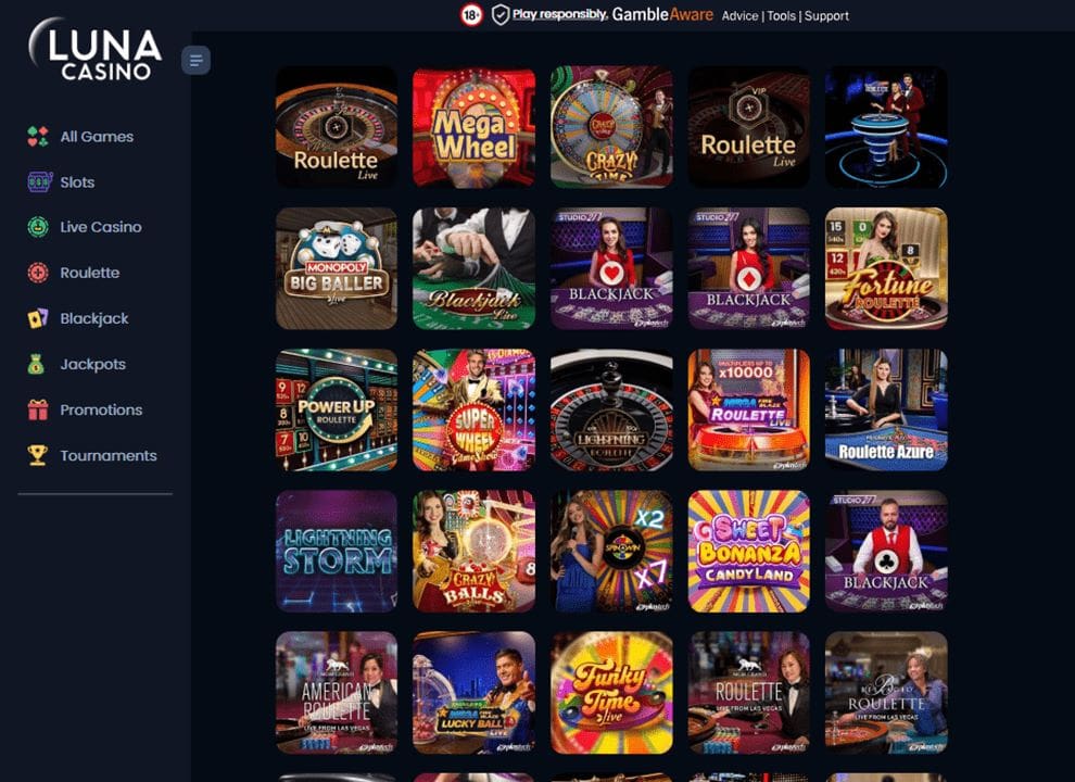 Screenshot of Luna Casino, showing real money live dealer titles.