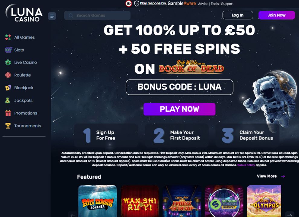 Screenshot of the Luna Casino homepage, featuring information on the £50 welcome bonus and popular games.