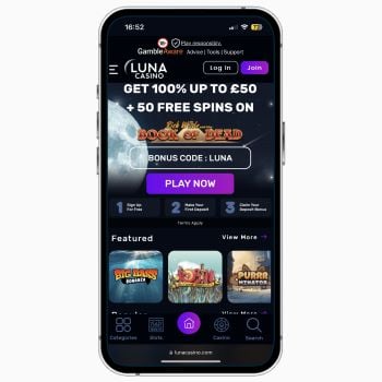 Luna Casino mobile site on iPhone, featuring information on the welcome bonus and featured games at the casino