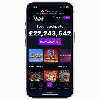 Luna Casino mobile site on iPhone, featuring information on progressive jackpots and live casino games