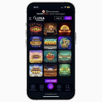 Luna Casino mobile site on iPhone, featuring a list of popular slots at the casino