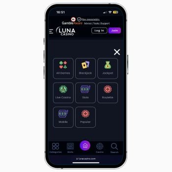 Luna Casino mobile site on iPhone, featuring the navigation menu displaying different types of games