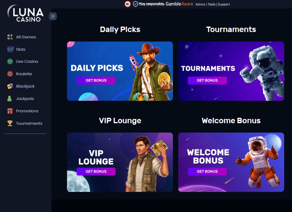 Screenshot of the Luna Casino promotions page, highlighting Daily Picks, Tournaments, the VIP Lounge and Welcome Bonus.