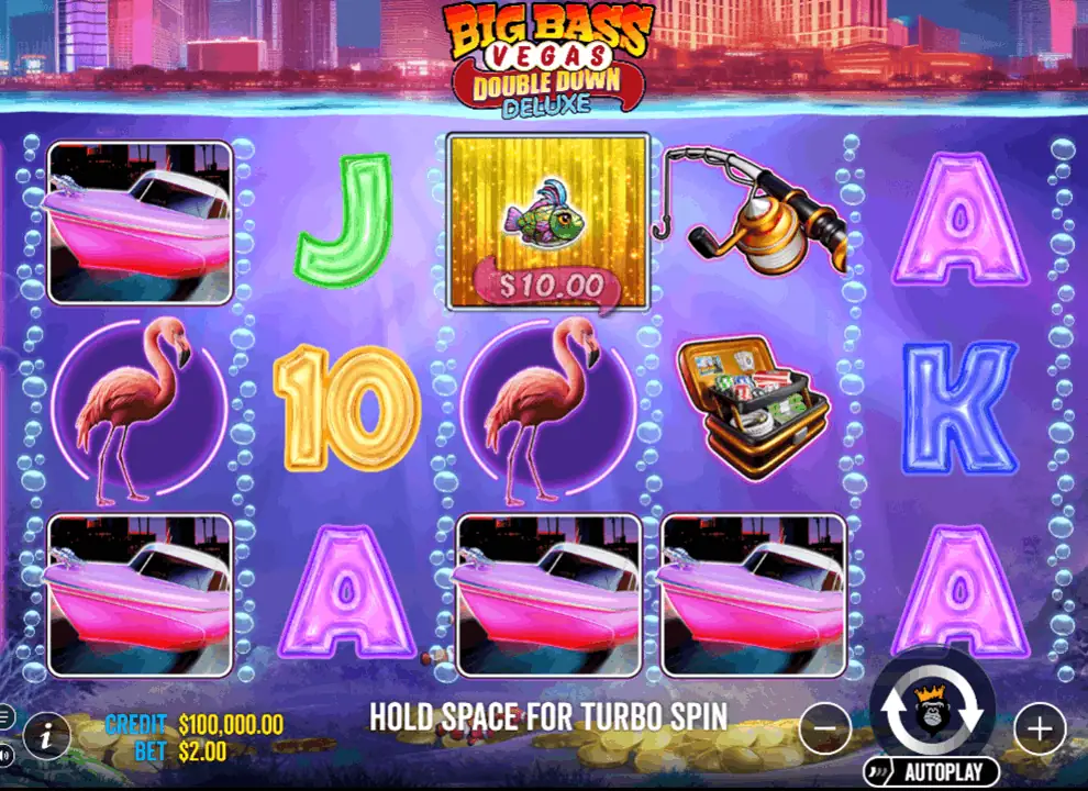 Screenshot of the online slot game Big Bass Vegas Double Down Deluxe by Pragmatic Play, being played for real money at Midnite