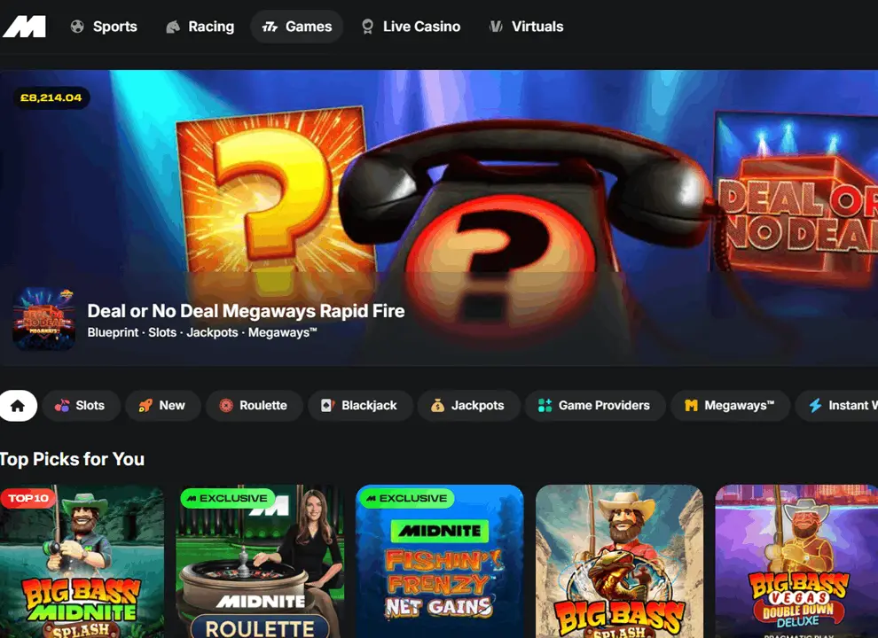 Screenshot of the Midnite casino homepage, featuring popular games and slots at the UK online casino