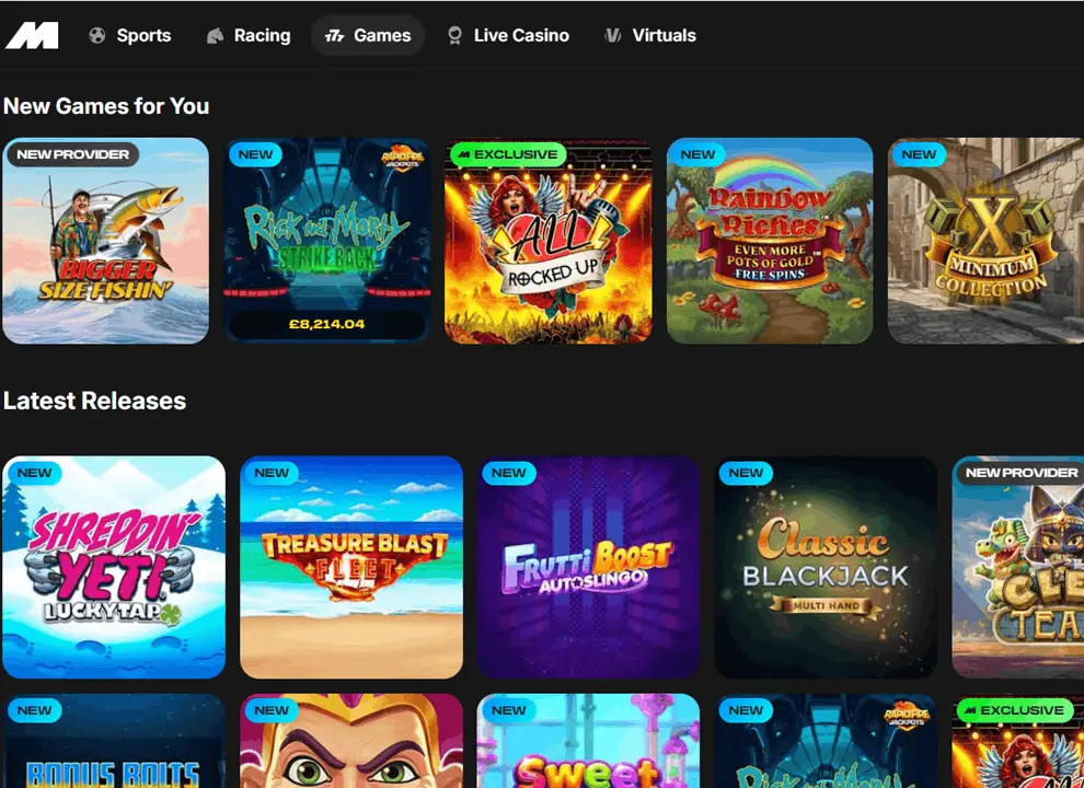 Screenshot of Midnite Casino, showing new games and the latest releases at the UK online casino