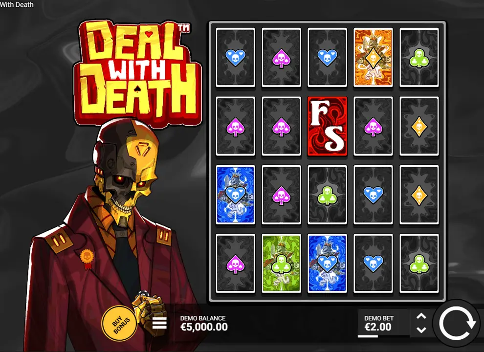 Screenshot of the online slot game Deal With Death by Hacksaw Gaming, being played at Midnite