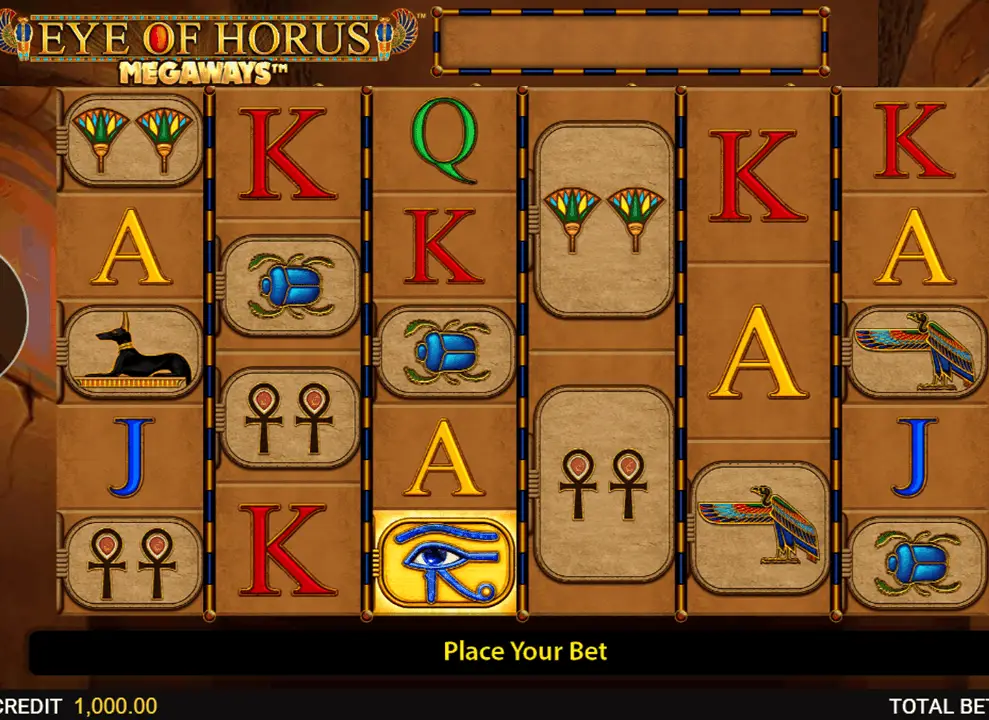 Screenshot of the online slot game Eye of Horus Megaways by Blueprint Gaming, being played at Midnite