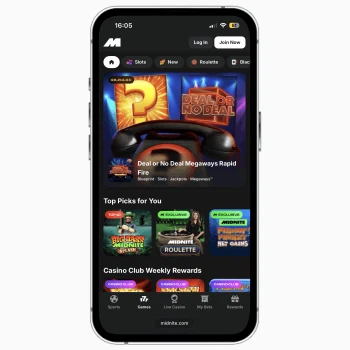 Midnite mobile app on iPhone, featuring popular games and slots at the UK online casino