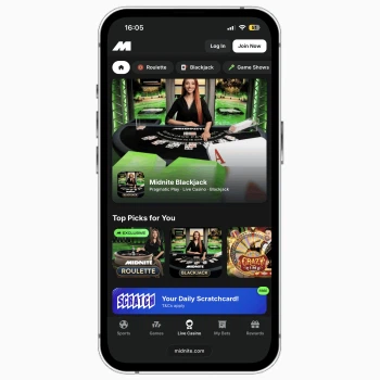 Midnite mobile app on iPhone, featuring information on live casino games and titles for UK players