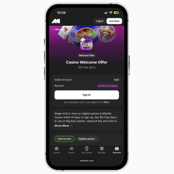 Midnite mobile app on iPhone, featuring information and T&Cs for the casino’s welcome bonus