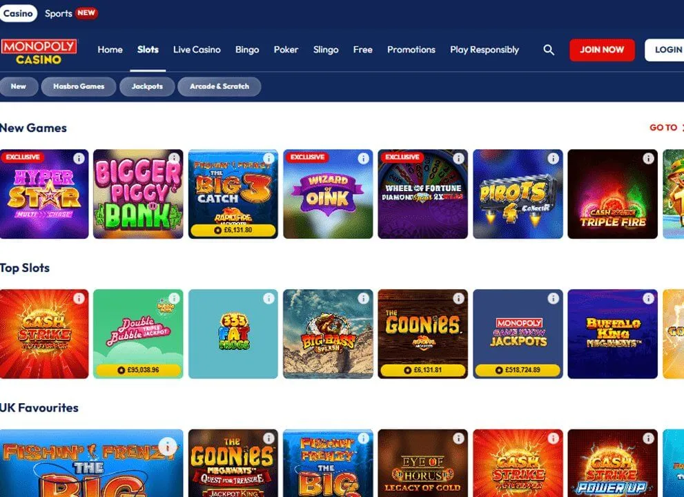 Screenshot of the Monopoly Casino homepage, featuring new games and popular slots at the UK online casino.