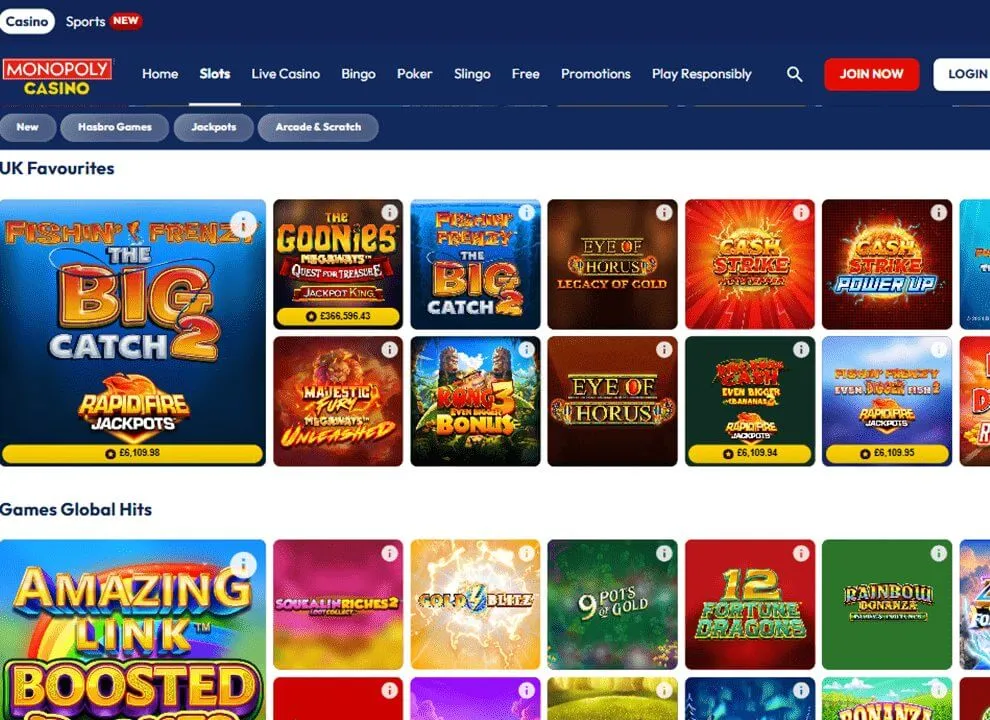 Screenshot of Monopoly Casino, featuring popular games and Games Global slots at the UK online casino.