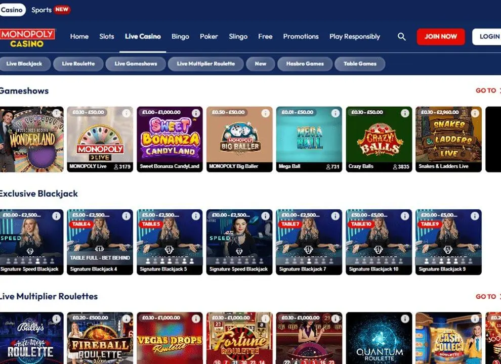 Screenshot of Monopoly Casino, showing live casino games at the UK online casino.