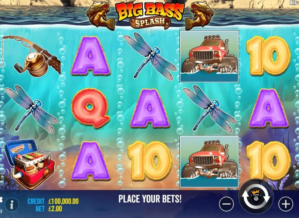 Screenshot of the online slot game Big Bass Splash by Pragmatic Play, being played for real money at Monopoly Casino.