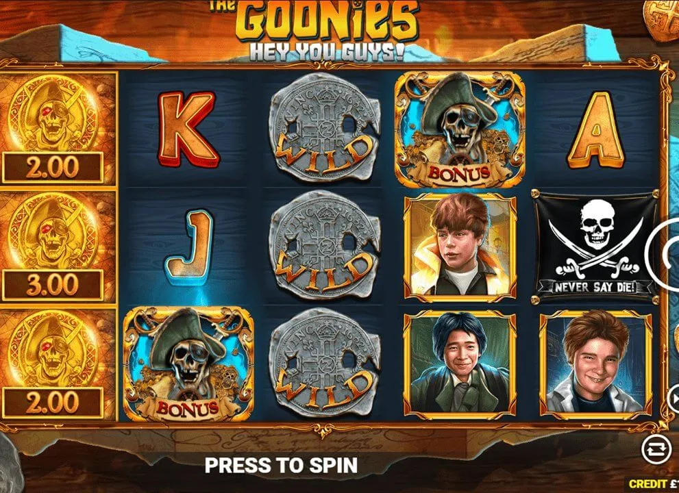 Screenshot of the online slot game The Goonies: Hey You Guys produced by Blueprint Gaming, being played at Monopoly Casino.