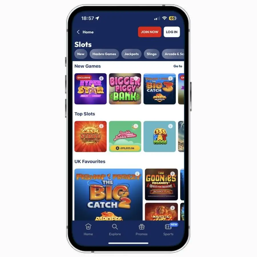 Monopoly Casino mobile app on iPhone, featuring popular games at the UK online casino.