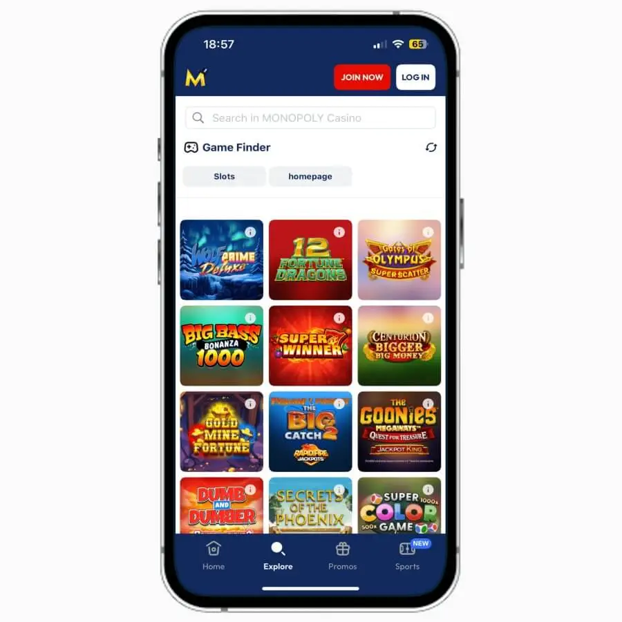 Monopoly Casino mobile app on iPhone, featuring the game search function on the casino app.