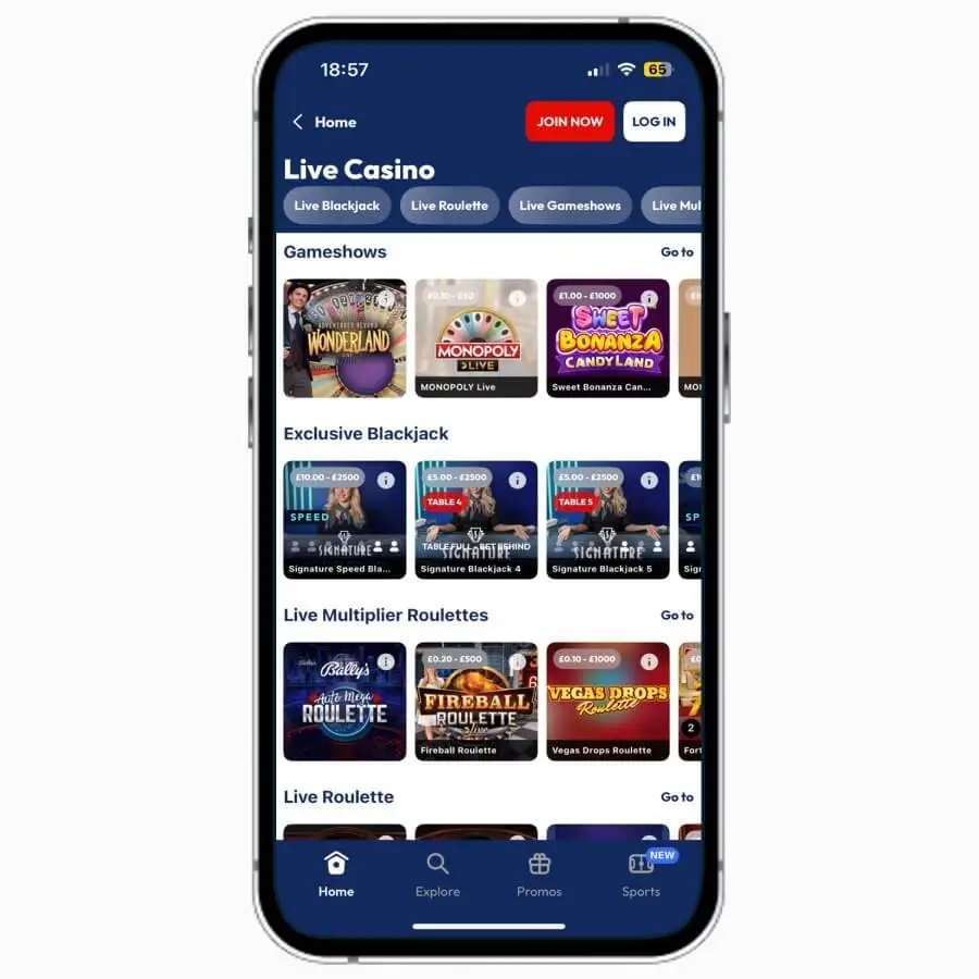 Monopoly Casino mobile app on iPhone, featuring live casino games available to UK players.